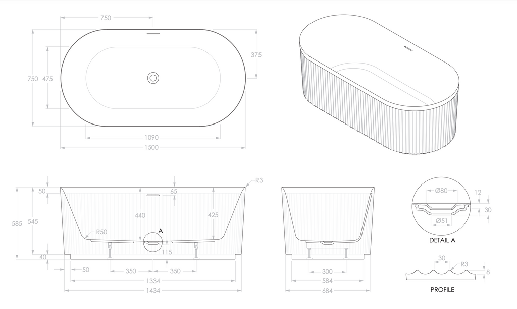 ADP Bronte Freestanding Bath 1500 or 1700mm - Matte White