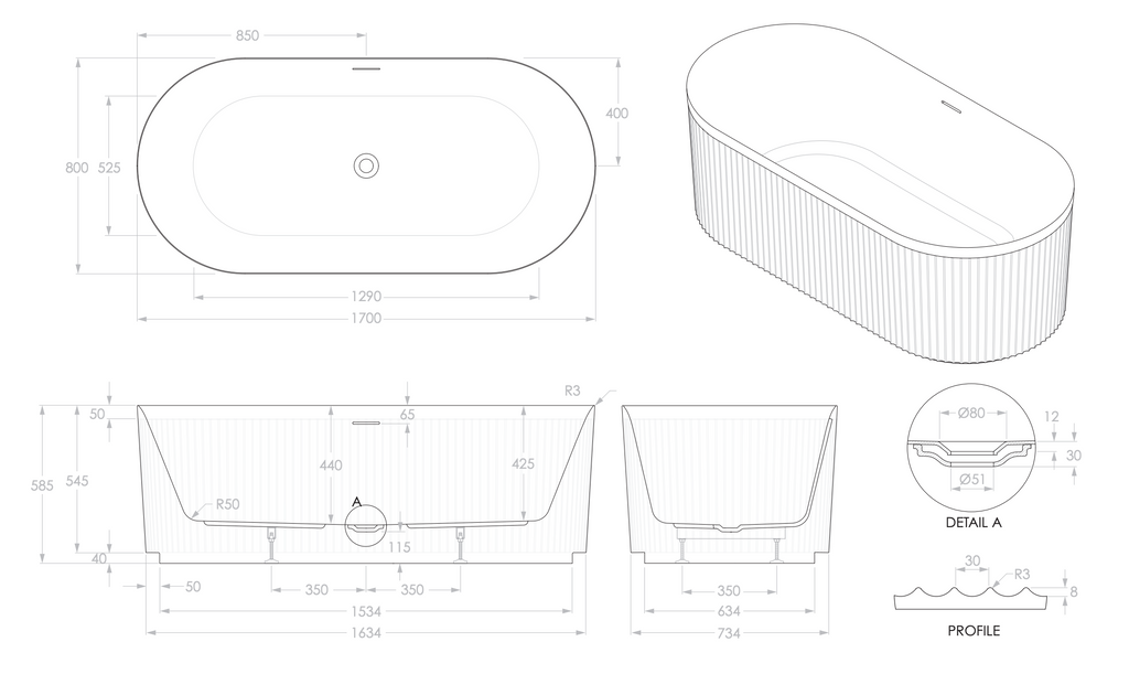 ADP Bronte Freestanding Bath 1500 or 1700mm - Gloss White
