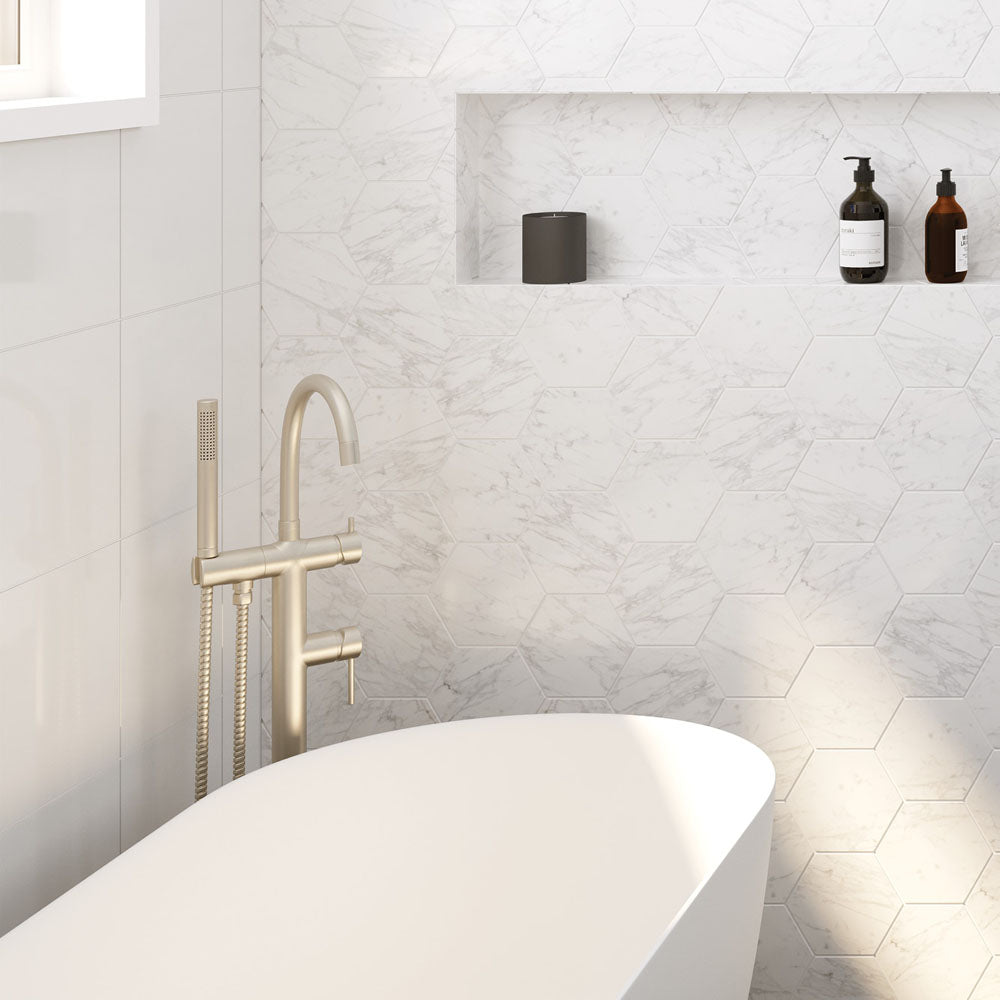 Fienza Kaya Floor Mounted Bath Mixer With Hand Shower - Brushed Nickel