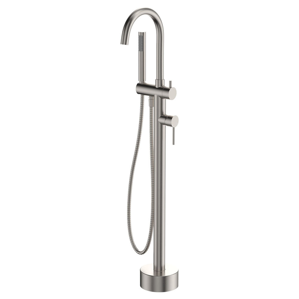 Fienza Kaya Floor Mounted Bath Mixer With Hand Shower - Brushed Nickel