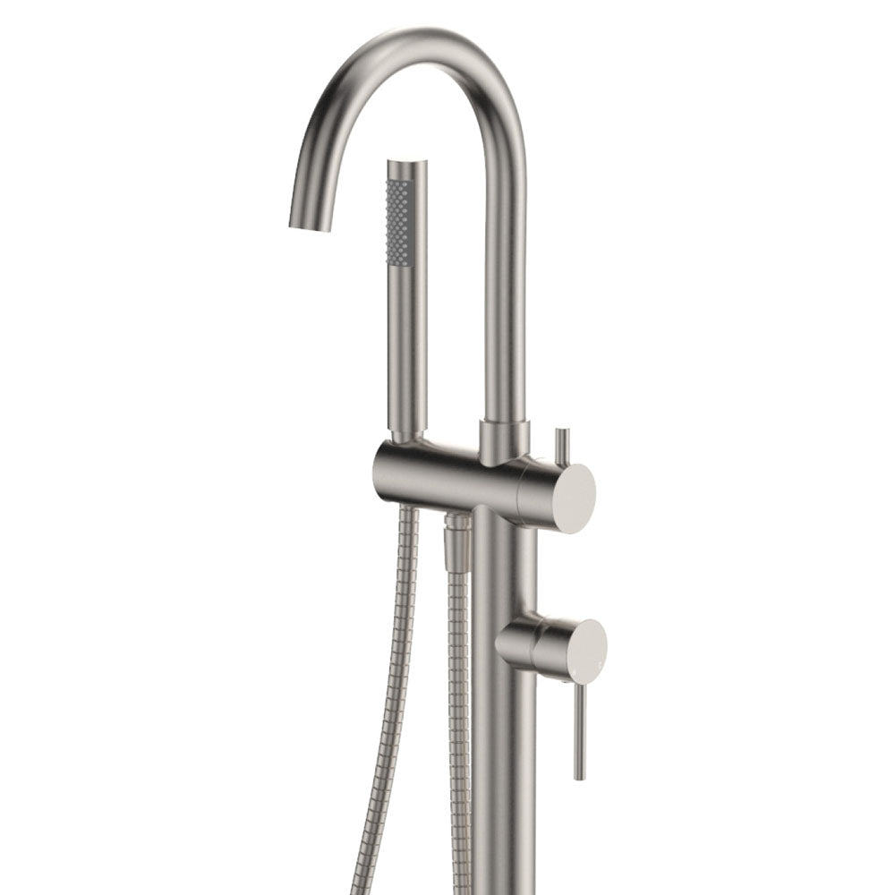 Fienza Kaya Floor Mounted Bath Mixer With Hand Shower - Brushed Nickel