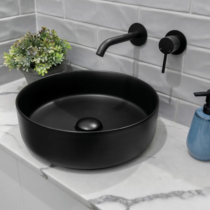 Fienza Kaya Round Plate Wall Basin / Bath Mixer Set - Matte Black