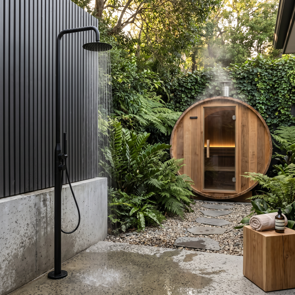 Haven Freestanding Outdoor Shower Kit 316 Stainless Lead Free Matte Black