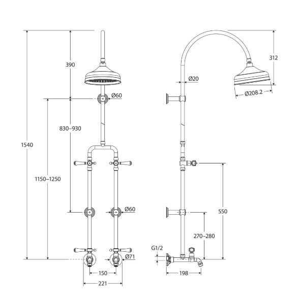 Fienza Lillian Lever Exposed Rail Shower & Bath Set - Urban Brass