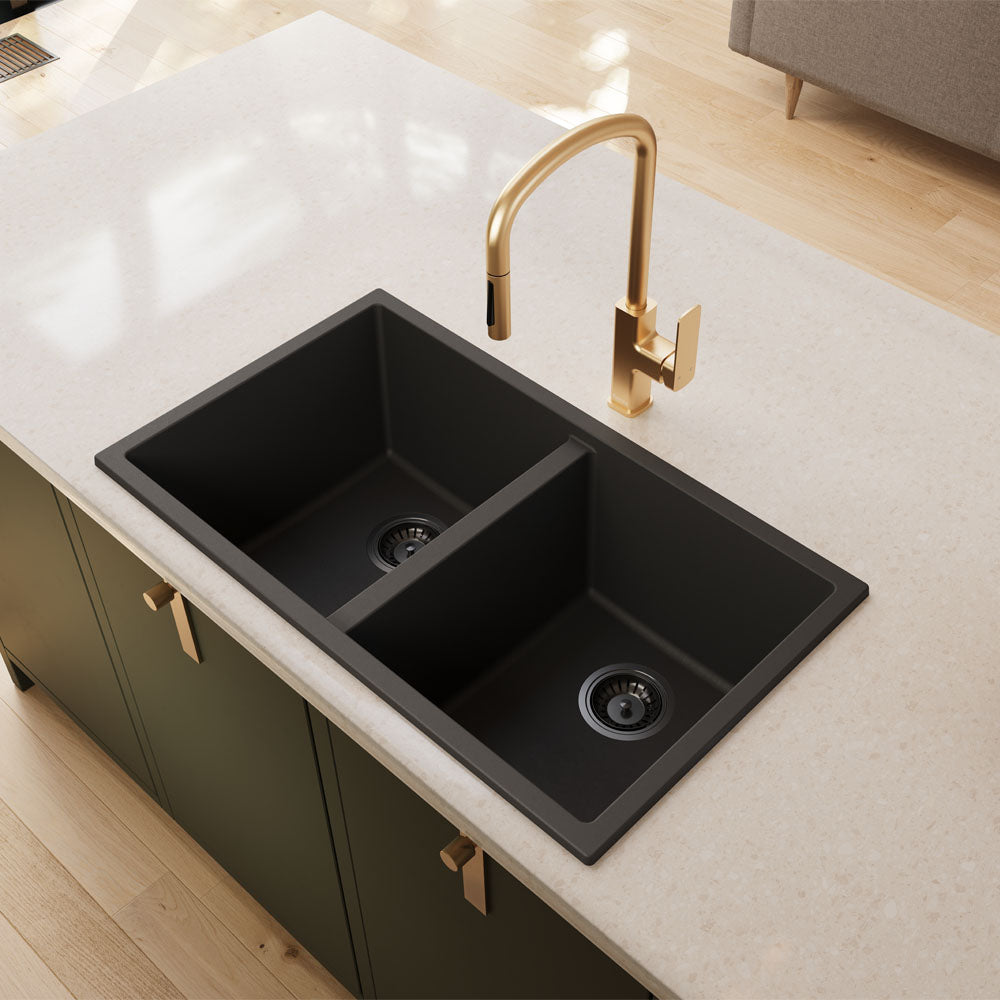 Fienza Kuro Granite 34L Double Bowl Kitchen Sink Matte Black