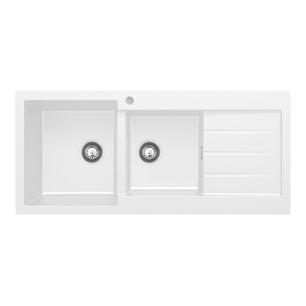 Fienza Kuro Granite 32L/22L Double Kitchen Sink With Drainer Matte White