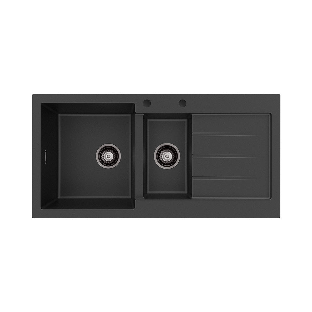 Fienza Kuro Granite 32L/14L Double Kitchen Sink With Drainer Matte Black