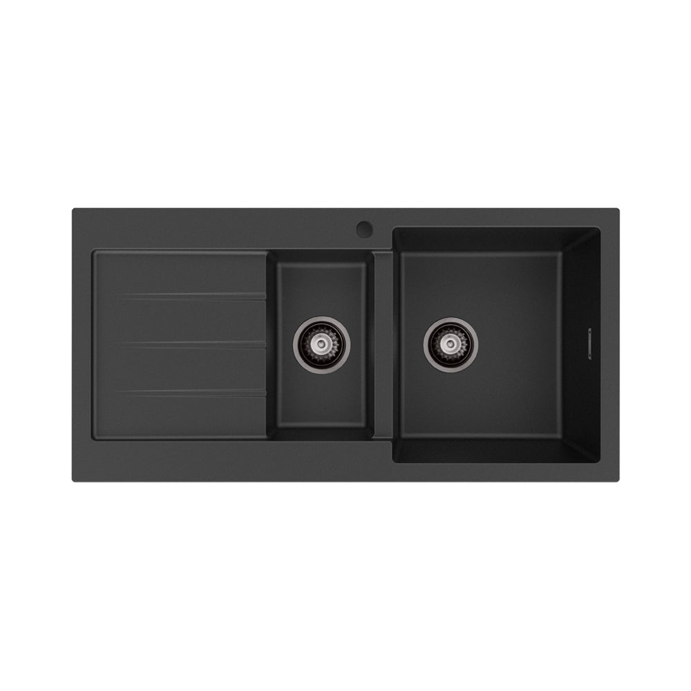 Fienza Kuro Granite 32L/14L Double Kitchen Sink With Drainer Matte Black