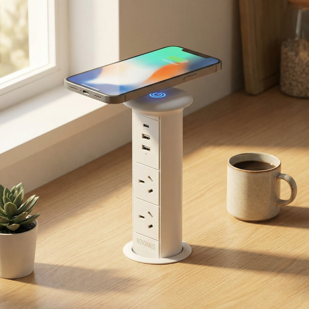 Motorised Pop Up Bench Power Point With USB - White 65mm