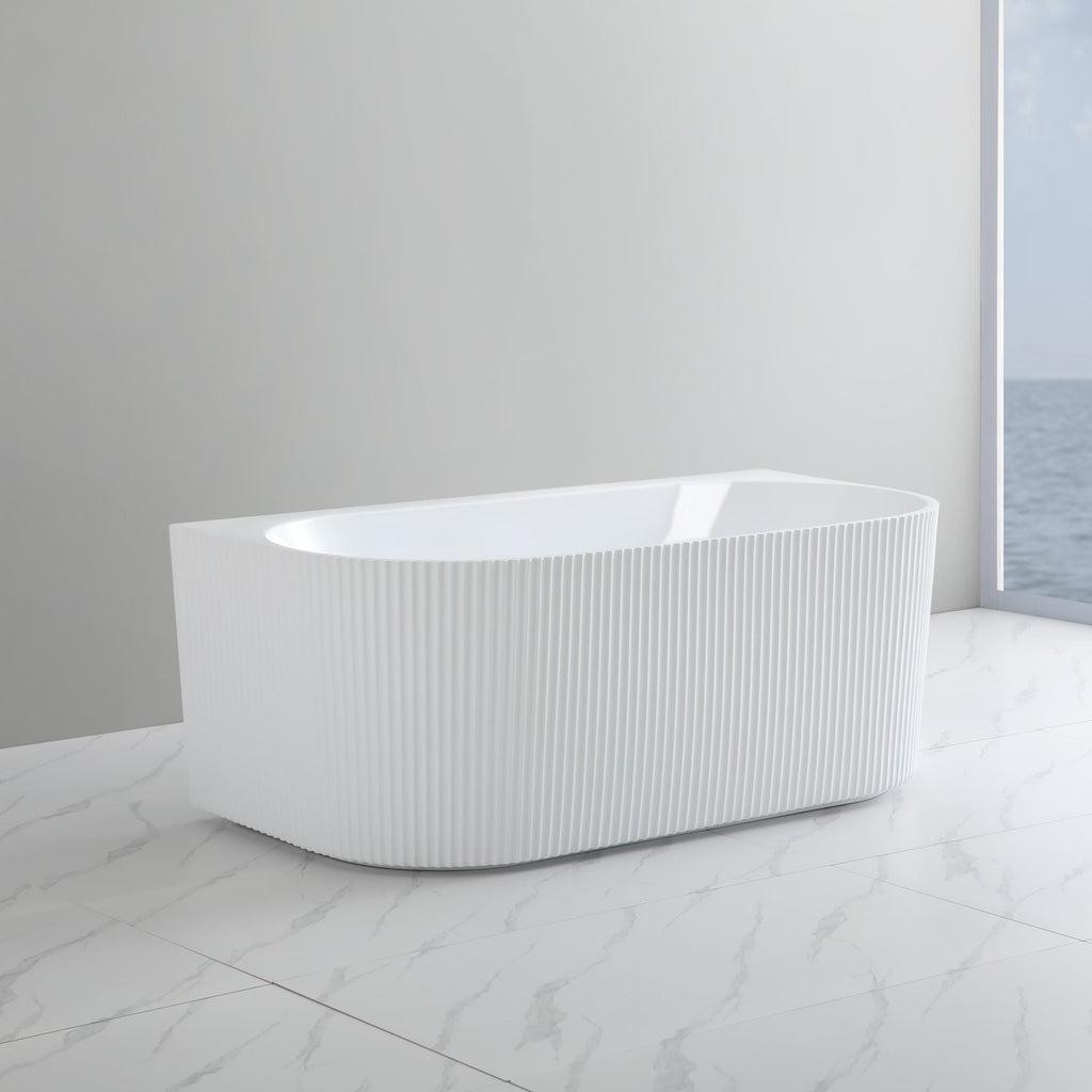 Bari Groove Fluted Oval Freestanding Back to Wall Bath - Matte White