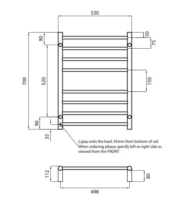 Radiant Heating Round Bar s240V Heated Towel Rails Matte Black 530 x 700