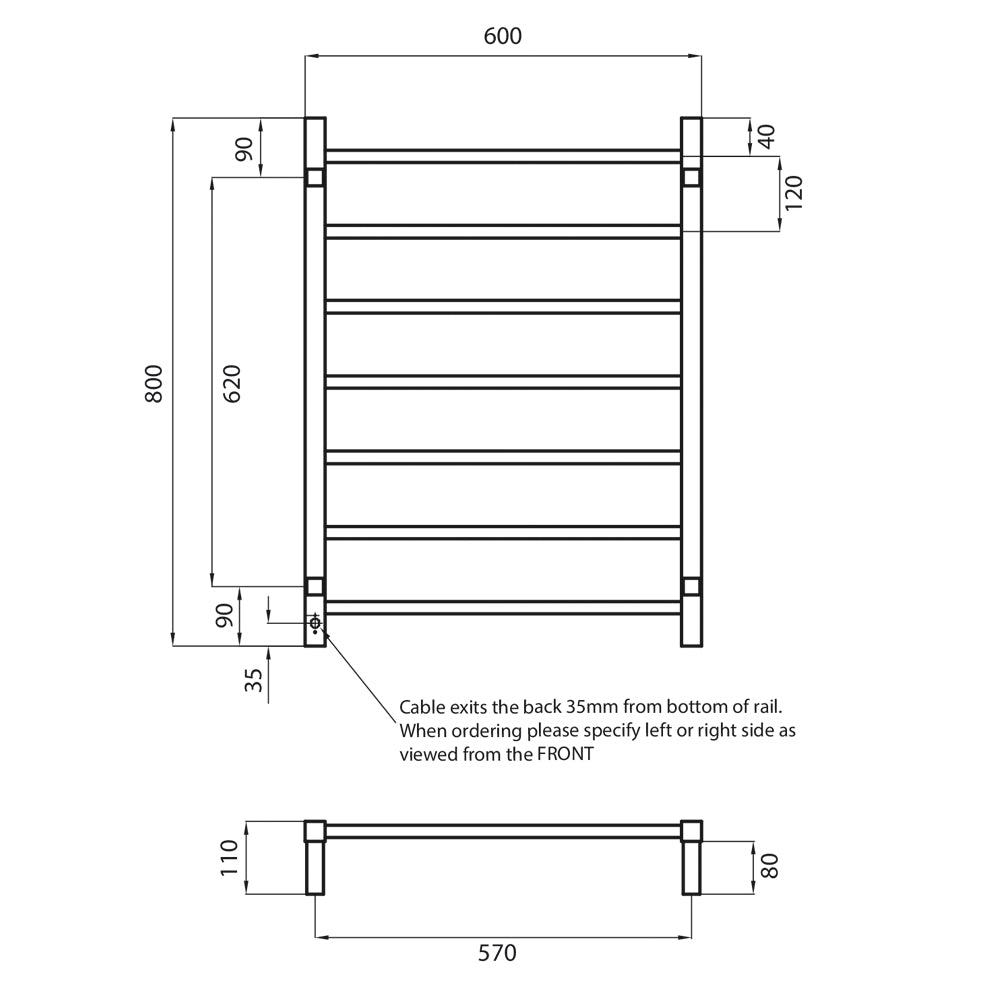 Radiant Heating Square Bars 240V Heated Towel Rails Matte Black 600 x 800