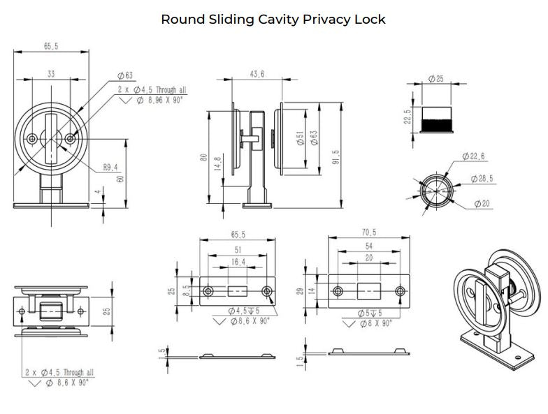 Manovella Round Sliding Cavity Privacy Lock - Satin Brass