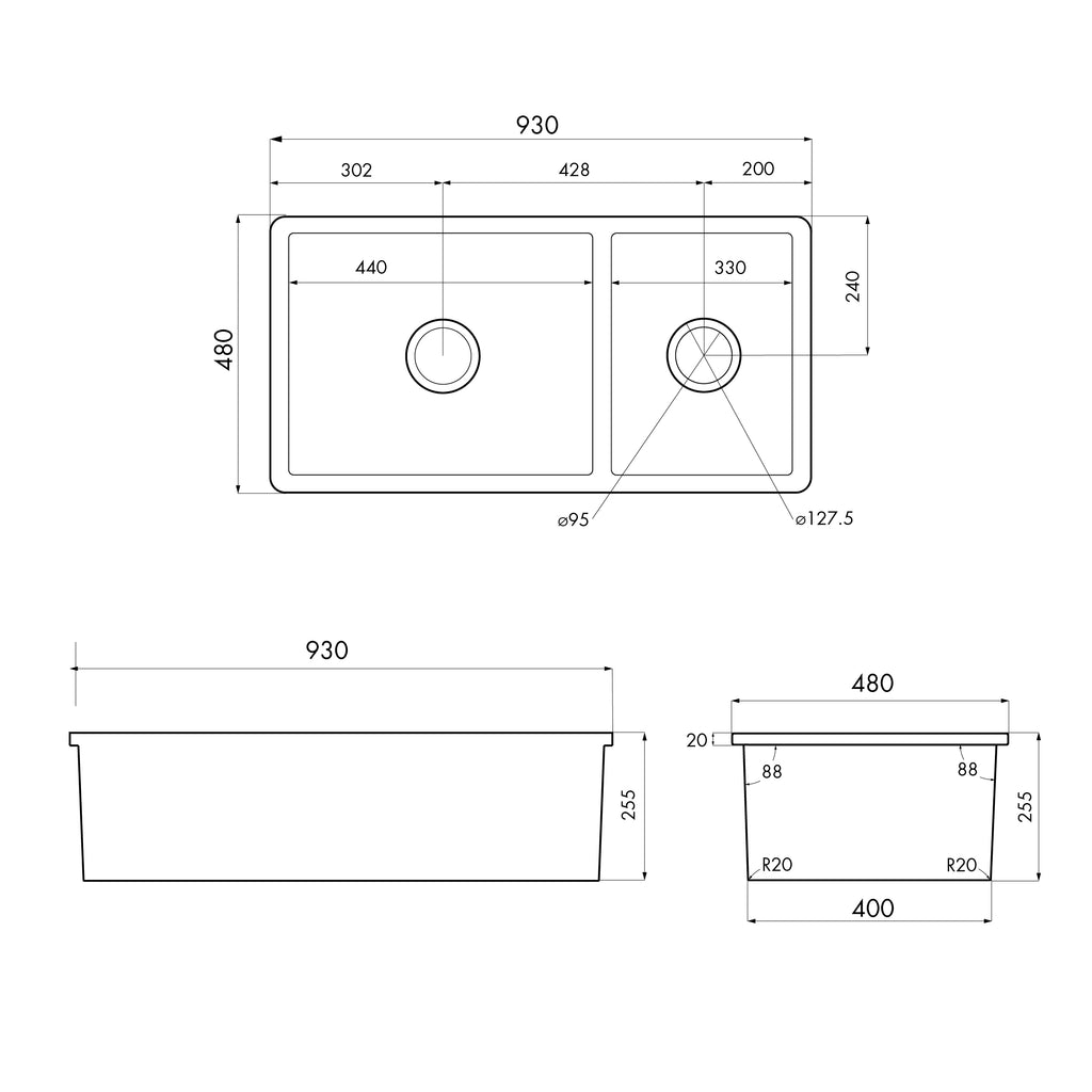 Turner Hastings Cuisine 93 x 48 One and a Half Bowl Inset / Undermount Fine Fireclay Sink - Gloss White