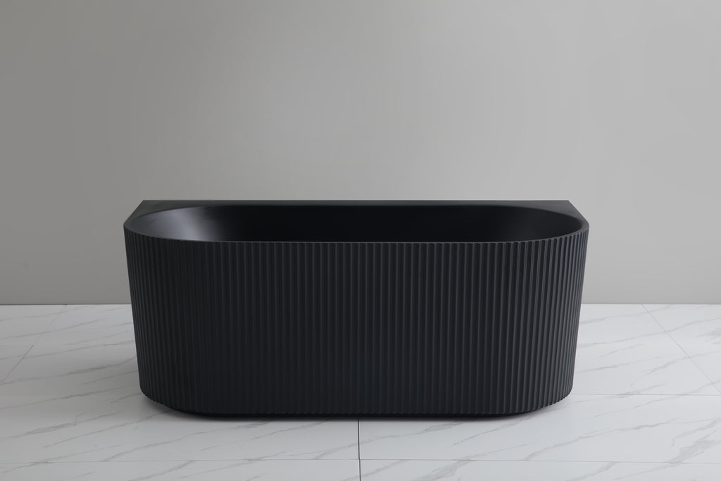 Bari Groove Fluted Oval Freestanding Back to Wall Bath - Matte Black