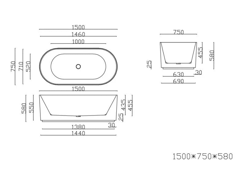 Ally Groove Oval Acrylic Freestanding Bathtub - Gloss White