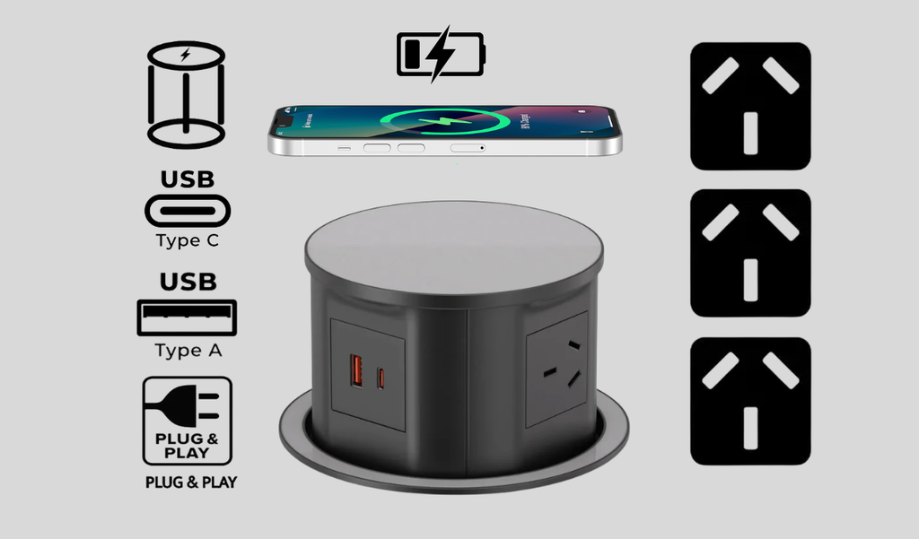 Quad Sided Pop Up Power Outlet With USB - Black