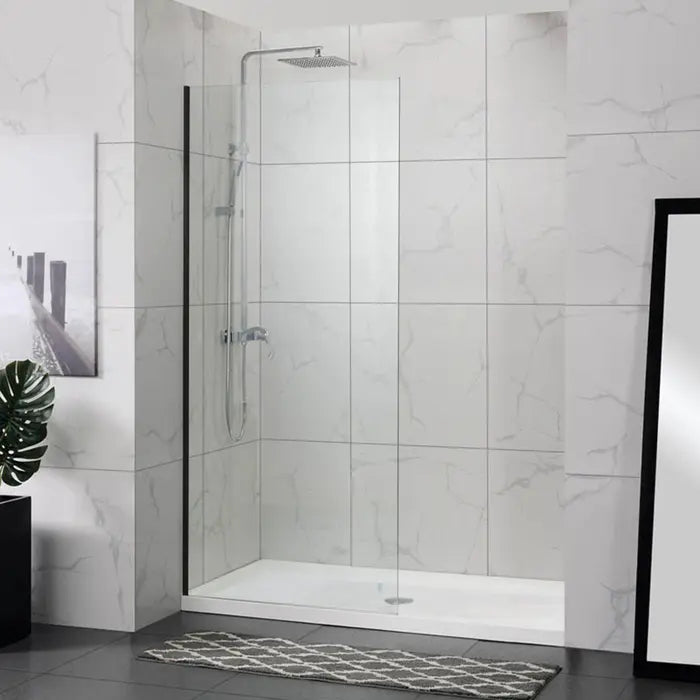 Covey Frameless Single Door Fixed Panel Shower Screen with Glass Channel - Matte Black