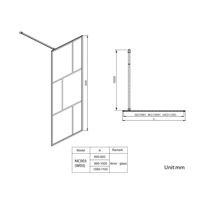 Covey Fully Framed Shower Screen Grid Single Door Fixed Panel - Matte Black