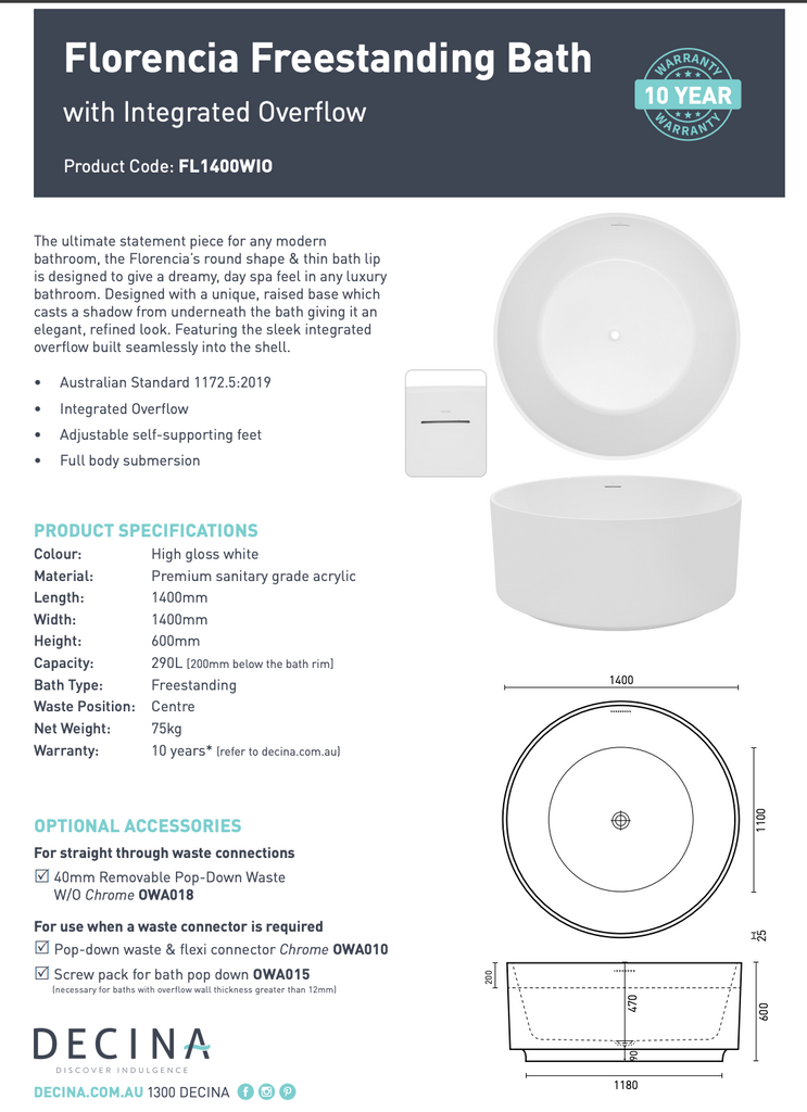 Decina Florencia Freestanding Bath with Integrated Overflow 1400mm - Gloss White