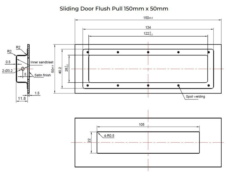 Manovella Sliding Door Flush Pull 150mm x 50mm - Brushed Nickel