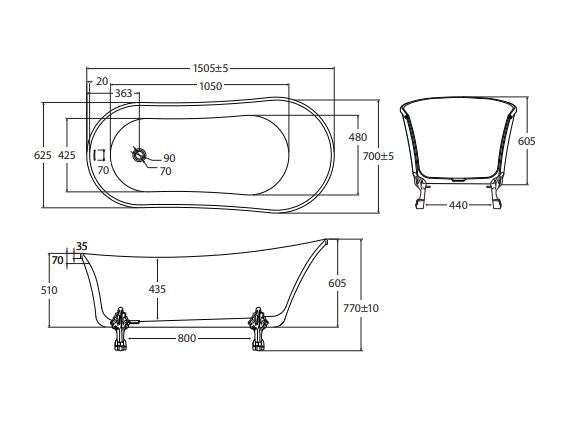 Fienza Clawfoot Freestanding Acrylic Bath with Brushed Nickel Feet - Gloss White