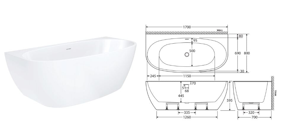 Fienza Keeto Back-to-wall Acrylic Bath with Overflow 1700mm - Gloss White