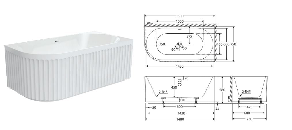 Fienza Eleanor Fluted Acrylic Corner Bath 1500mm - Gloss White