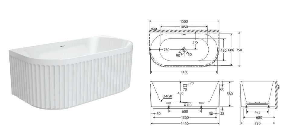 Fienza Eleanor Fluted Back To Wall Acrylic Bath 1500mm - Gloss White