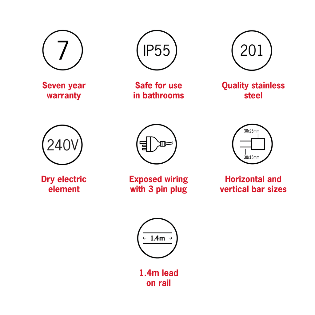 Thermogroup 8 Bar Straight Flat Freestanding Heated Towel Rail - Stainless Steel