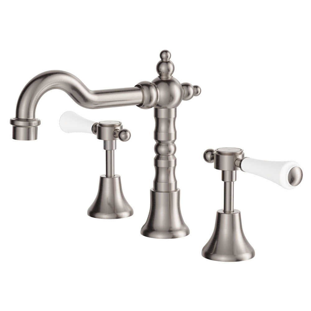 Fienza Lillian Lever Shepherds Crook Basin Set with Ceramic White Handle - Brushed Nickel