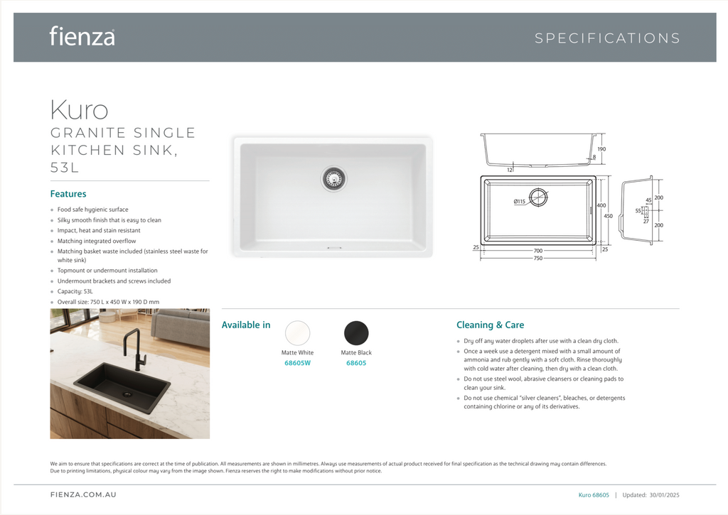 Fienza Kuro Granite Single Bowl Kitchen Sink - Matte Black