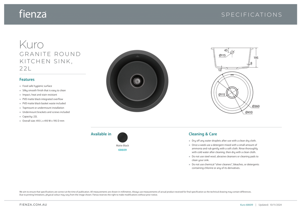 Fienza Kuro Granite 22L Round Single Bowl Kitchen Sink - Matte Black