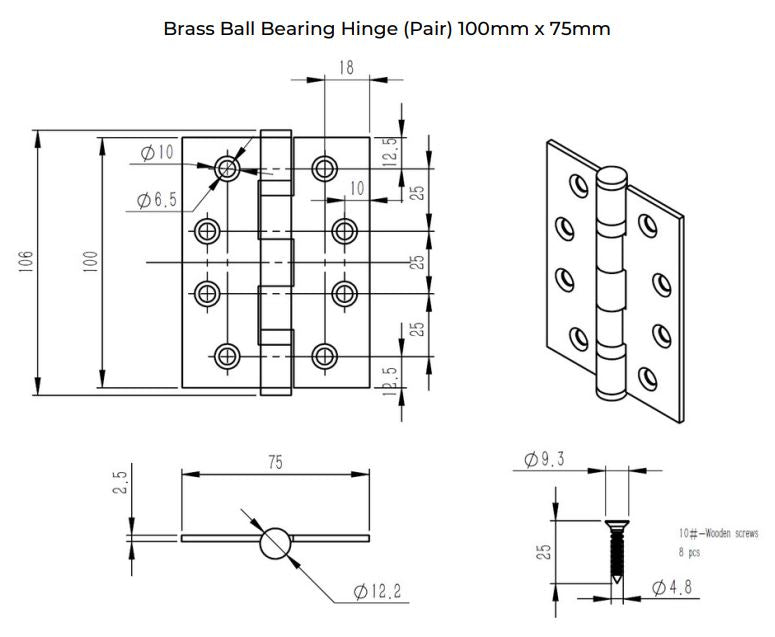 Manovella Ball Bearing Hinge (Pair) 100mm x 75mm - Aged Brass
