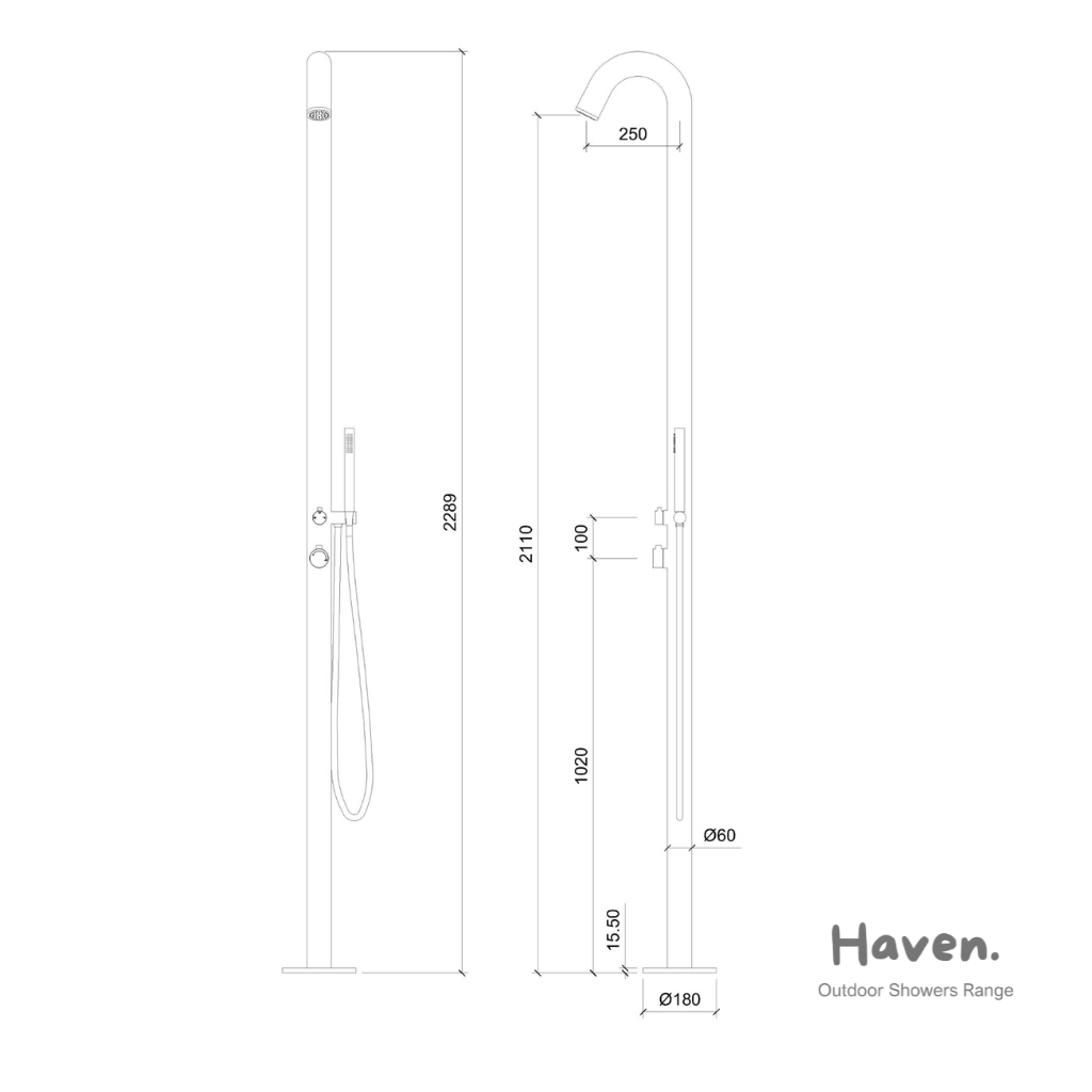 Haven Freestanding Outdoor Shower Kit 316 Hydro Jet Stainless Steel Lead Free