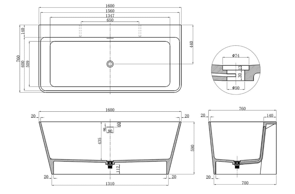 Kaskade KR01-1600 Back To Wall Rectangular Stone Bath with Overflow - Matte White