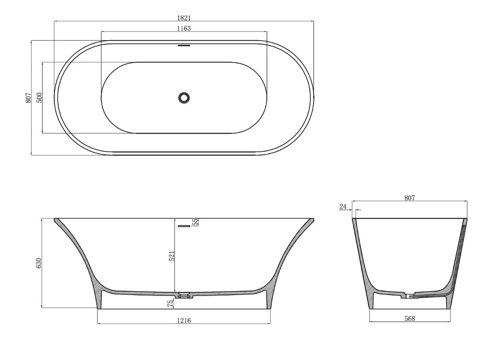 Kaskade KR02-1821 Oval Stone Bath with Overflow - Matte White