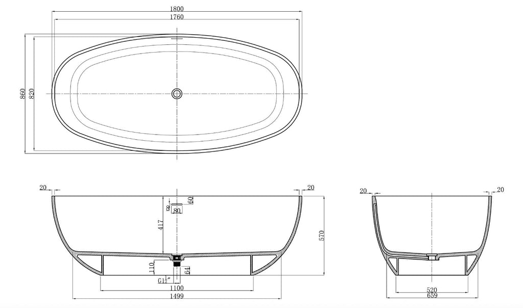 Kaskade KR03-1800 Oval Stone Bath with Overflow - Matte White
