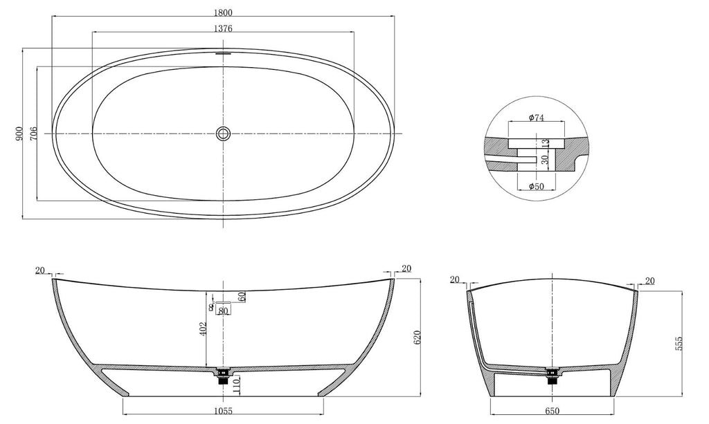 Kaskade KR05-1800 Oval Stone Bath with Overflow - Matte White