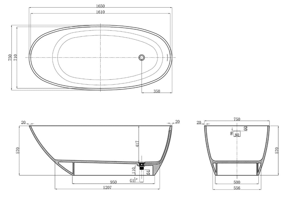 Kaskade KR06-1650 Oval Stone Bath with Overflow - Matte White