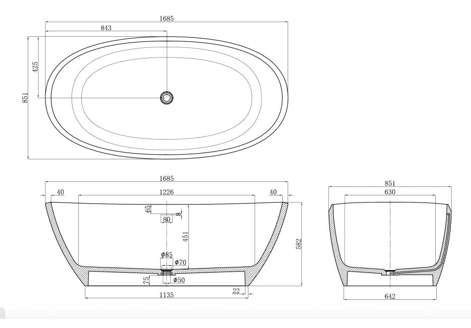 Kaskade KR07-1685 Oval Stone Bath with Overflow - Matte White