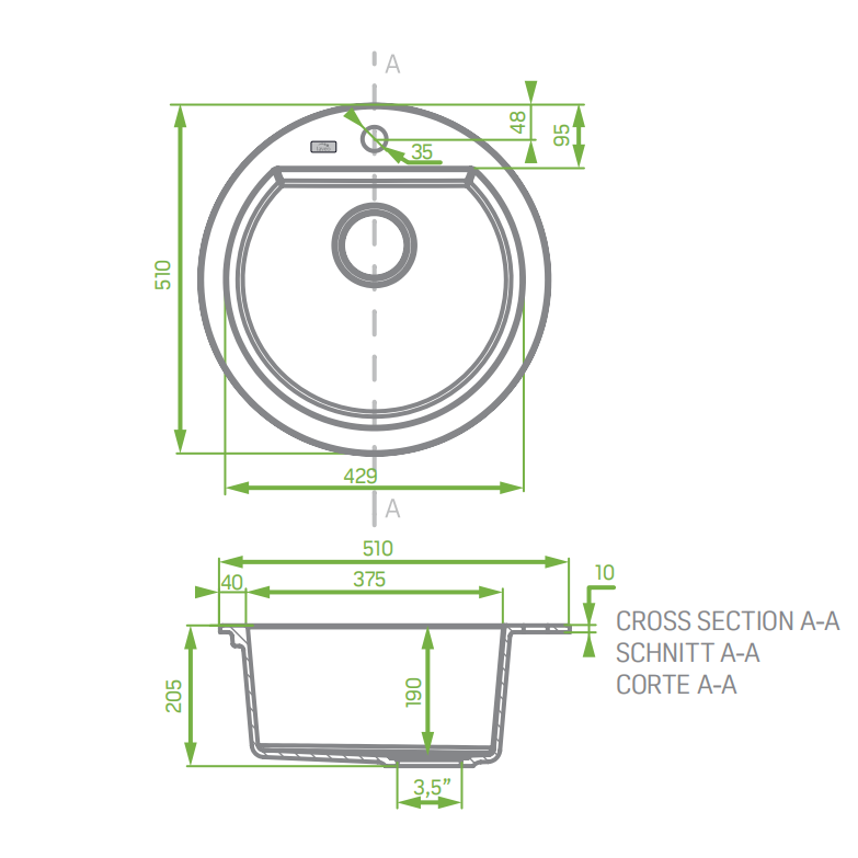Granite Single Bowl Kitchen Sink 510x205mm - Grey