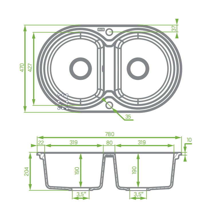 Granite 470x780x204mm Double Bowl Kitchen Sink - Grey