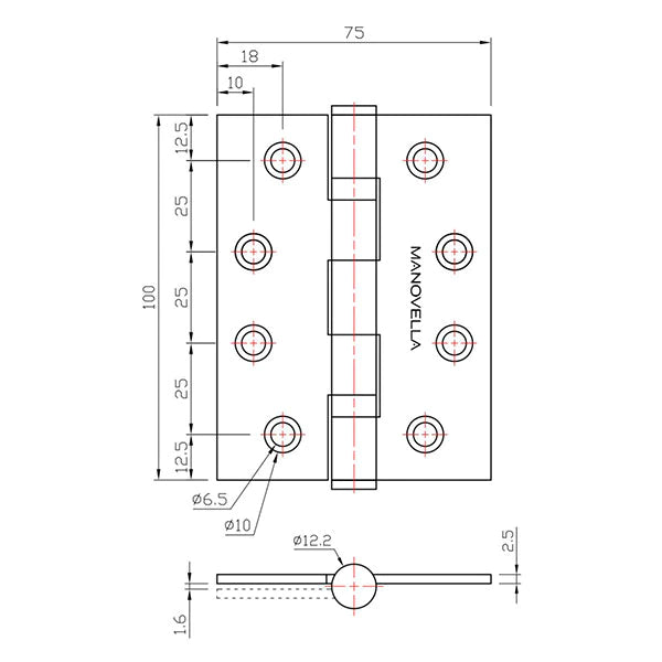 Manovella Ball Bearing Hinge (Pair) 100mm x 75mm - Brushed Nickel