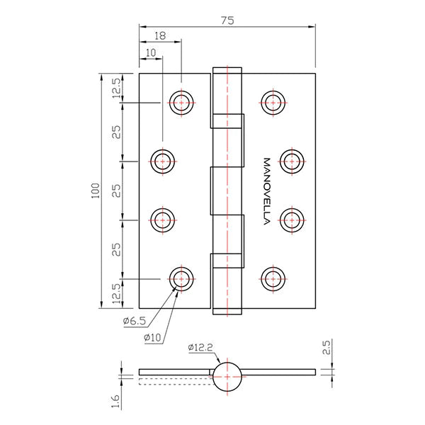 Manovella Ball Bearing Hinge (Pair) 100mm x 75mm - Satin Brass