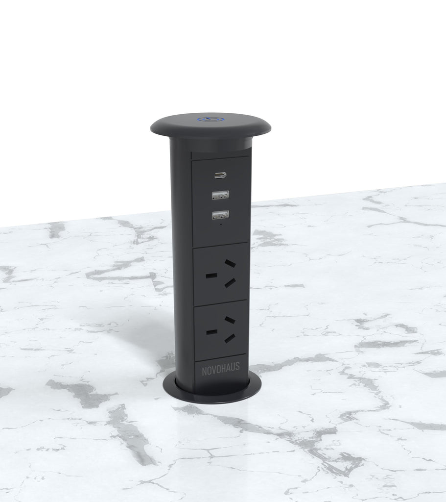 Motorised Pop Up Bench Power Point With USB - Black 65mm