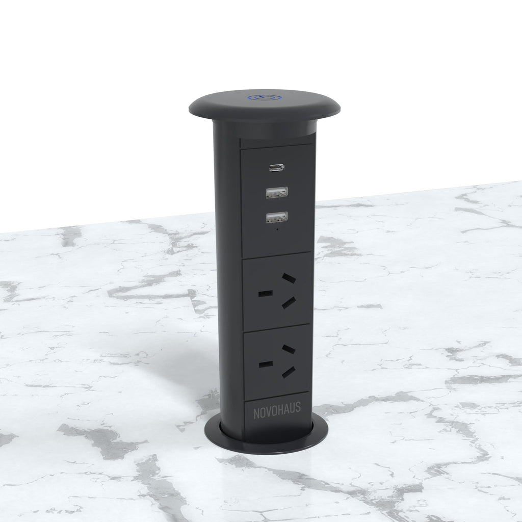 Motorised Pop Up Bench Power Point With USB - Black 65mm