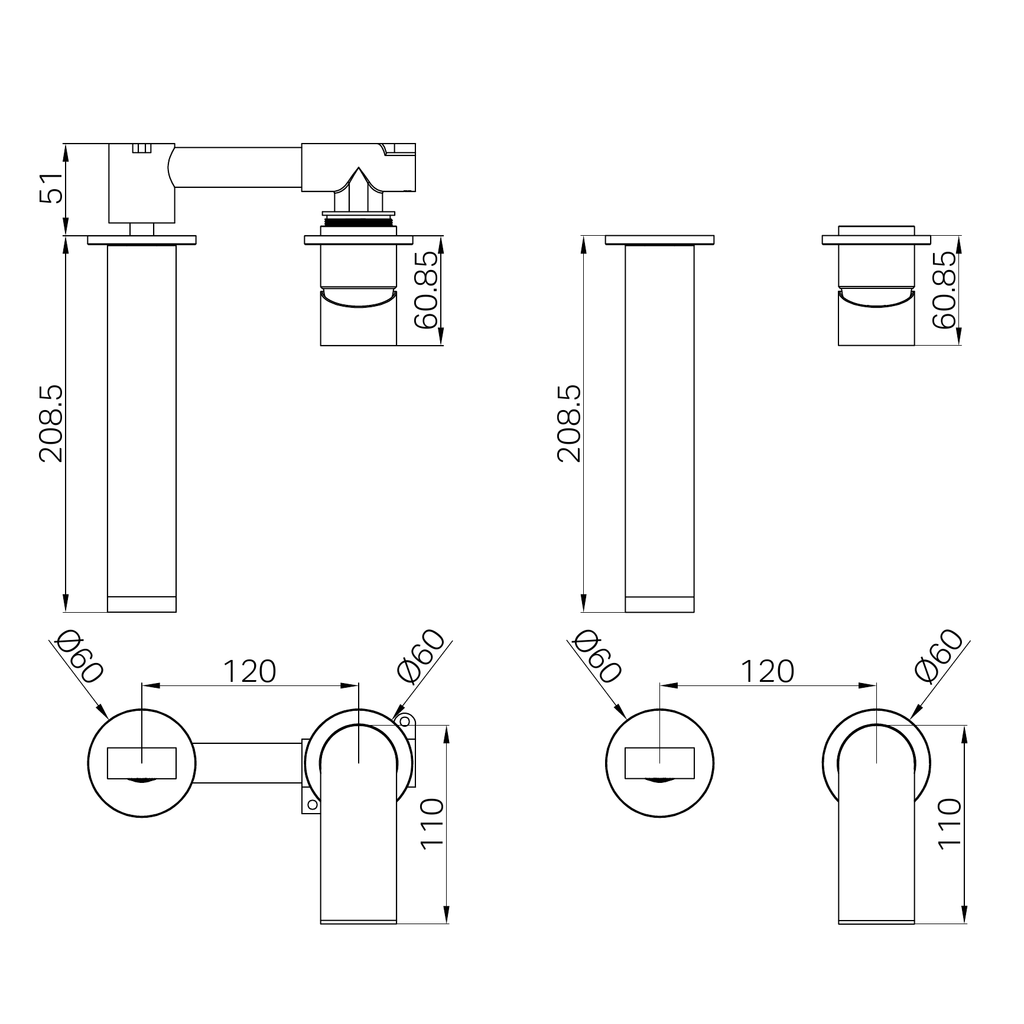 Nero Bianca Wall Basin/Bath Mixer (Separate Back Plate) - Matte Black