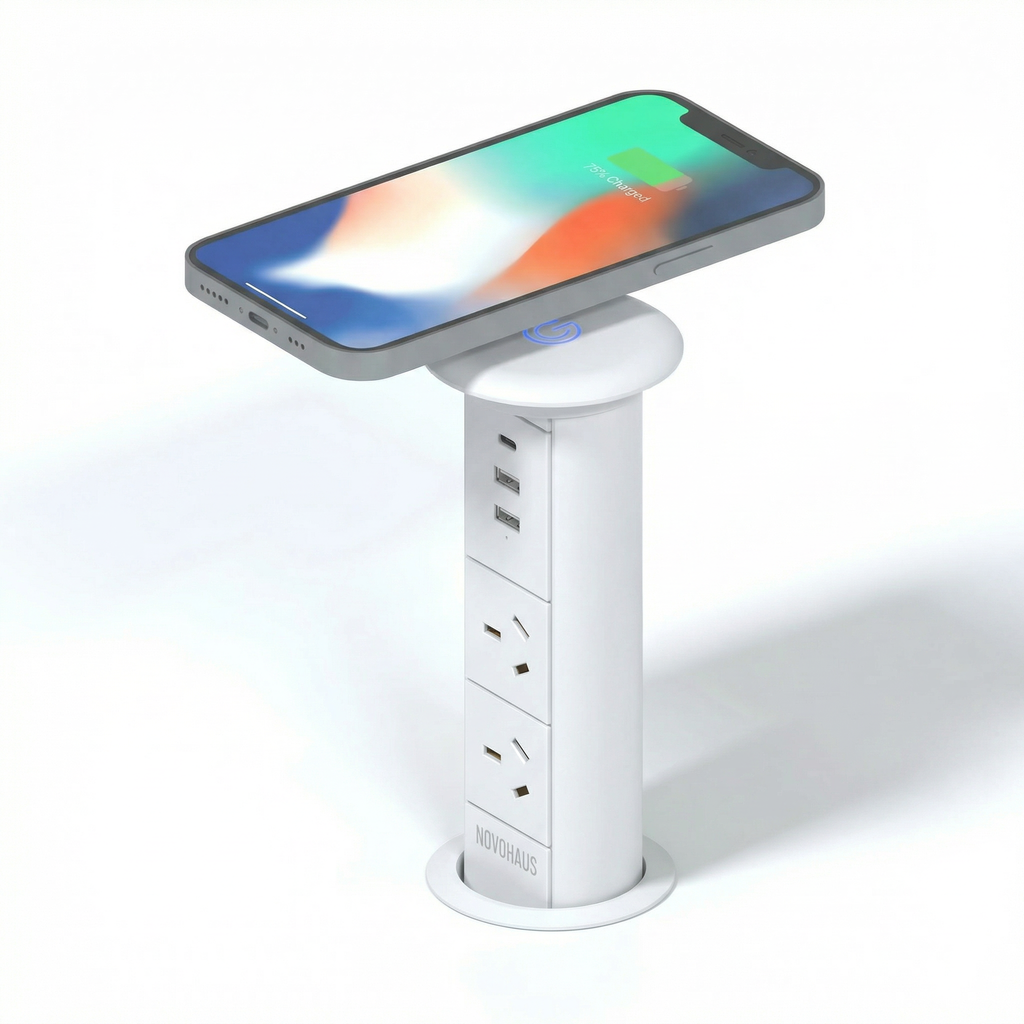 Motorised Pop Up Bench Power Point With USB - White 65mm