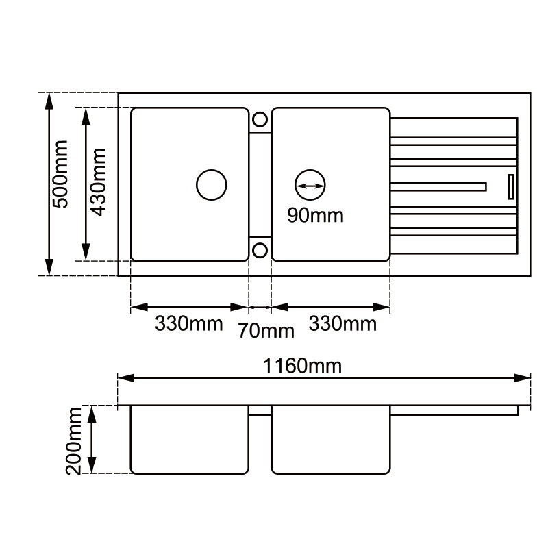 Granite 1160x500x200mm Double Bowl Kitchen Sink - Black
